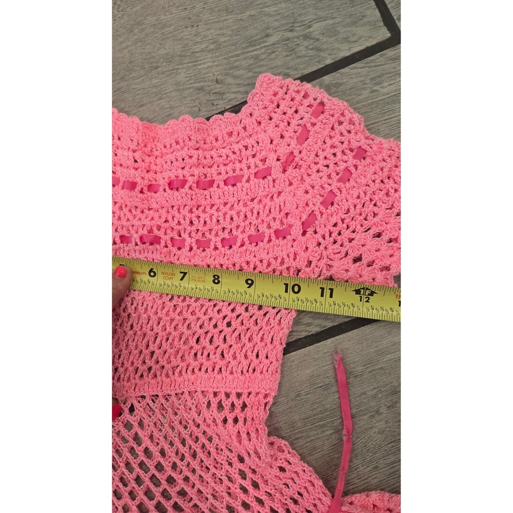 Handmade Pink Crochet Dress Kids Ribbon Accent Open Weave Vintage Style - Picture 5 of 6